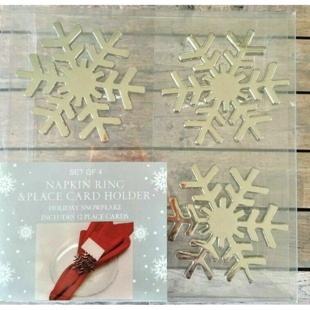 Christmas Snowflake Napkin Rings Set of 4 and 12 Place cards Silvertone Holiday
